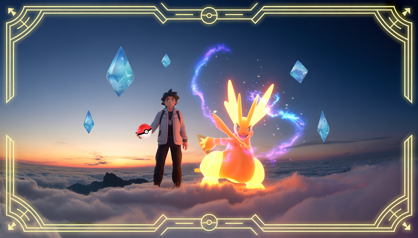 Charismatic Pokémon trainer on cloud-covered mountain holding glowing Poké Ball with vibrant electric or fire-type legendary Pokémon releasing luminous energy