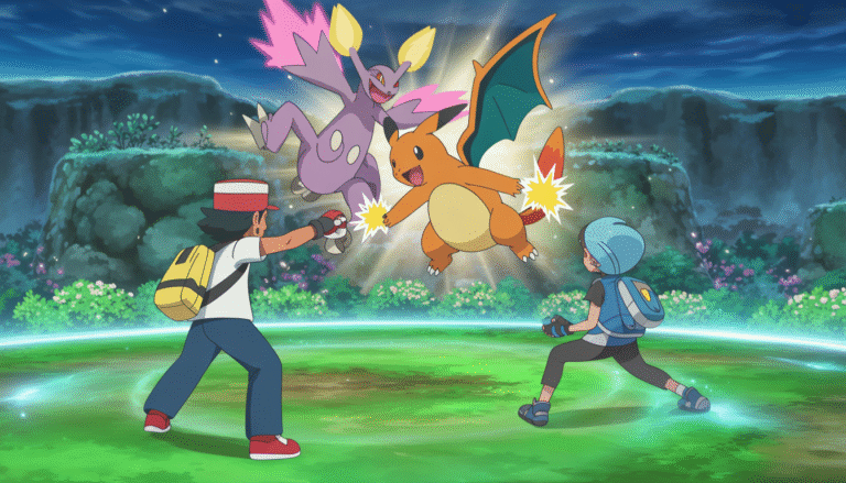 Deux dresseurs Pokémon combattant avec des attaques énergiques dans une arène magique