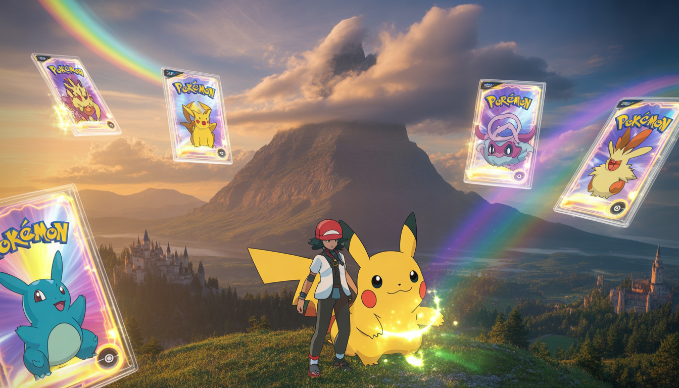 Dresseur Pokémon légendaire au sommet d'une montagne dorée entouré de cartes holographiques flottantes et de ses Pokémon mystiques