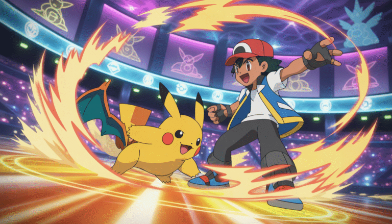 Dresseur Pokémon dynamique combattant avec son Pokémon emblématique dans une arène lumineuse, entourée d'éclats d'énergie colorés et silhouettes légendaires