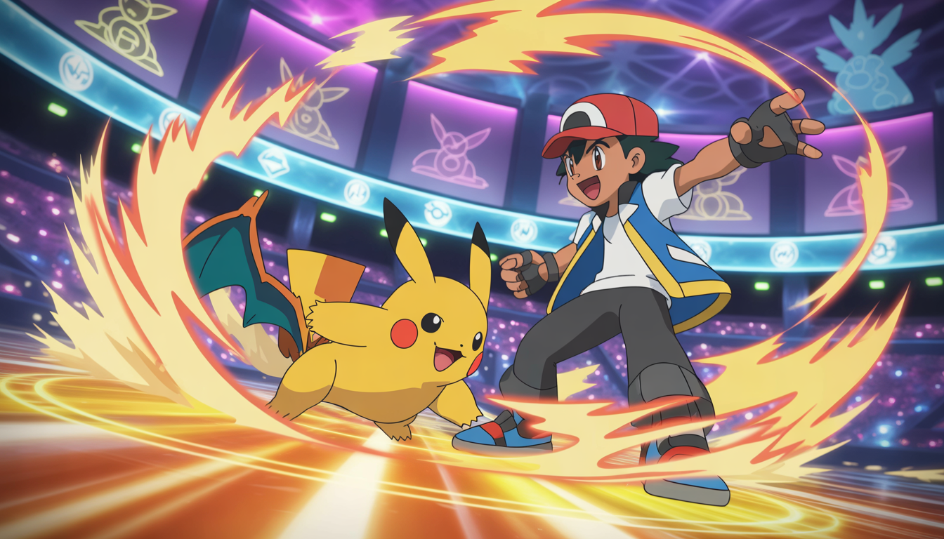 Dresseur Pokémon dynamique combattant avec son Pokémon emblématique dans une arène lumineuse, entourée d'éclats d'énergie colorés et silhouettes légendaires