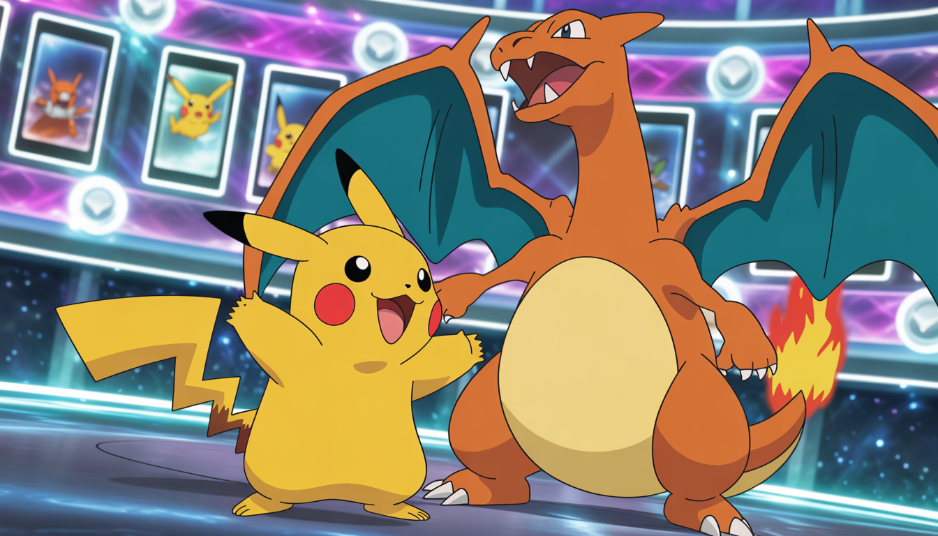 Combat de Pikachu contre Dracaufeu dans une arène lumineuse style carte Pokémon