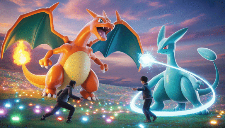 Deux dresseurs Pokémon s'affrontent, Charizard crache des flammes magiques, Gardevoir entourée d'une aura psychique scintillante dans une arène colorée