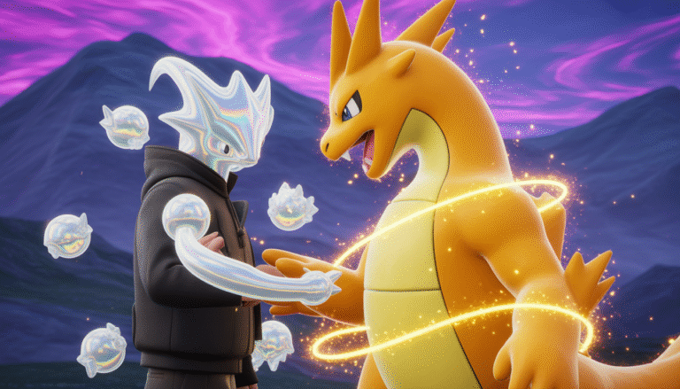 A legendary trainer facing a dragon-type Pokémon surrounded by golden energy aura and sparkling particles with a purple-blue mountainous background and swirling smoke