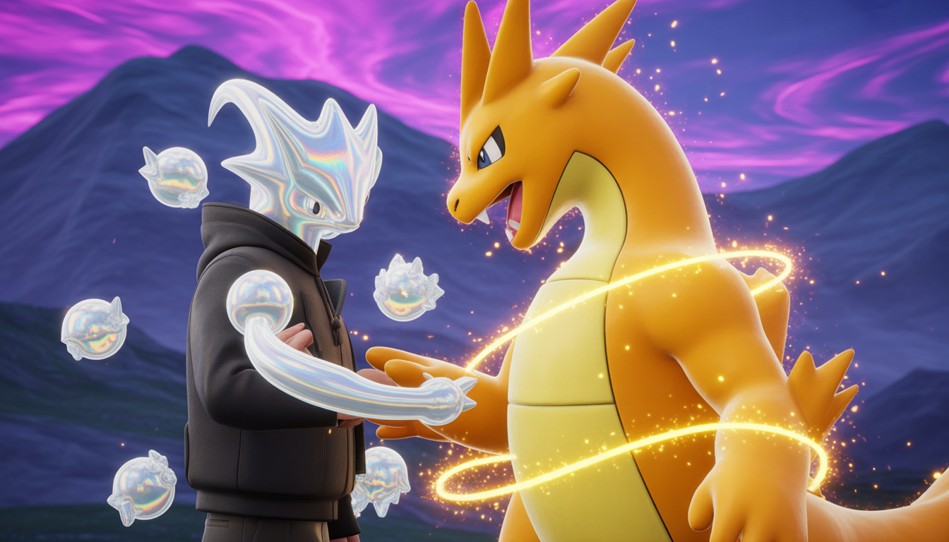A legendary trainer facing a dragon-type Pokémon surrounded by golden energy aura and sparkling particles with a purple-blue mountainous background and swirling smoke