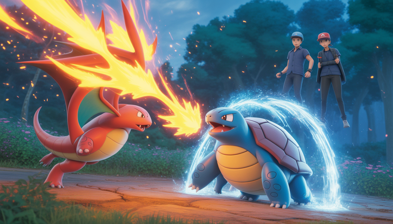 Dracaufeu lançant une attaque de flammes vers Tortank ripostant avec un jet d'eau, deux dresseurs en arrière-plan dans une forêt lumineuse et scintillante, style cartes Pokémon TCG