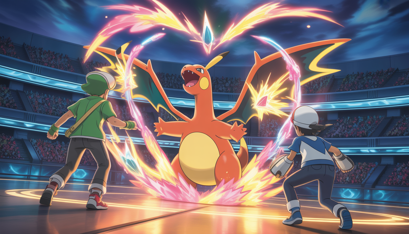 A legendary Terastallized Pokémon unleashing a radiant attack with colorful magical energy in a dynamic battle arena featuring two trainers