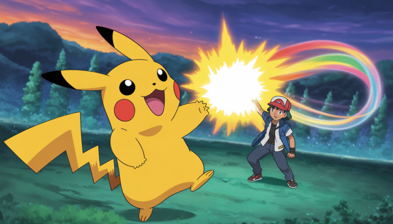 Pikachu attaquant avec Tonnerre dans une forêt enchantée au crépuscule