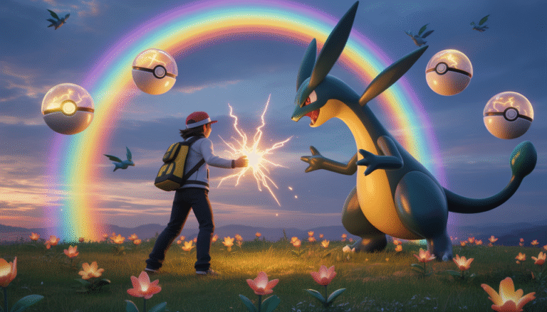 Trainer courageux face à un Pokémon légendaire sur un champ de bataille illuminé par une aurore arc-en-ciel, avec des Poké Balls flottantes dorées et des éclairs d'énergie