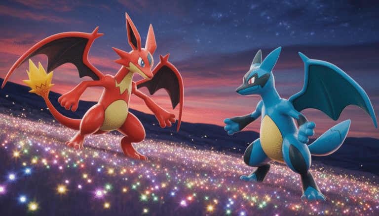 Dracaufeu et Lucario s'affrontant dans une arène vibrante avec des étincelles magiques et un ciel étoilé crépusculaire