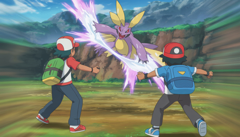 Deux dresseurs Pokémon en bataille dynamique avec un Pokémon légendaire lumineux lançant une attaque magique dans un paysage naturel stylisé