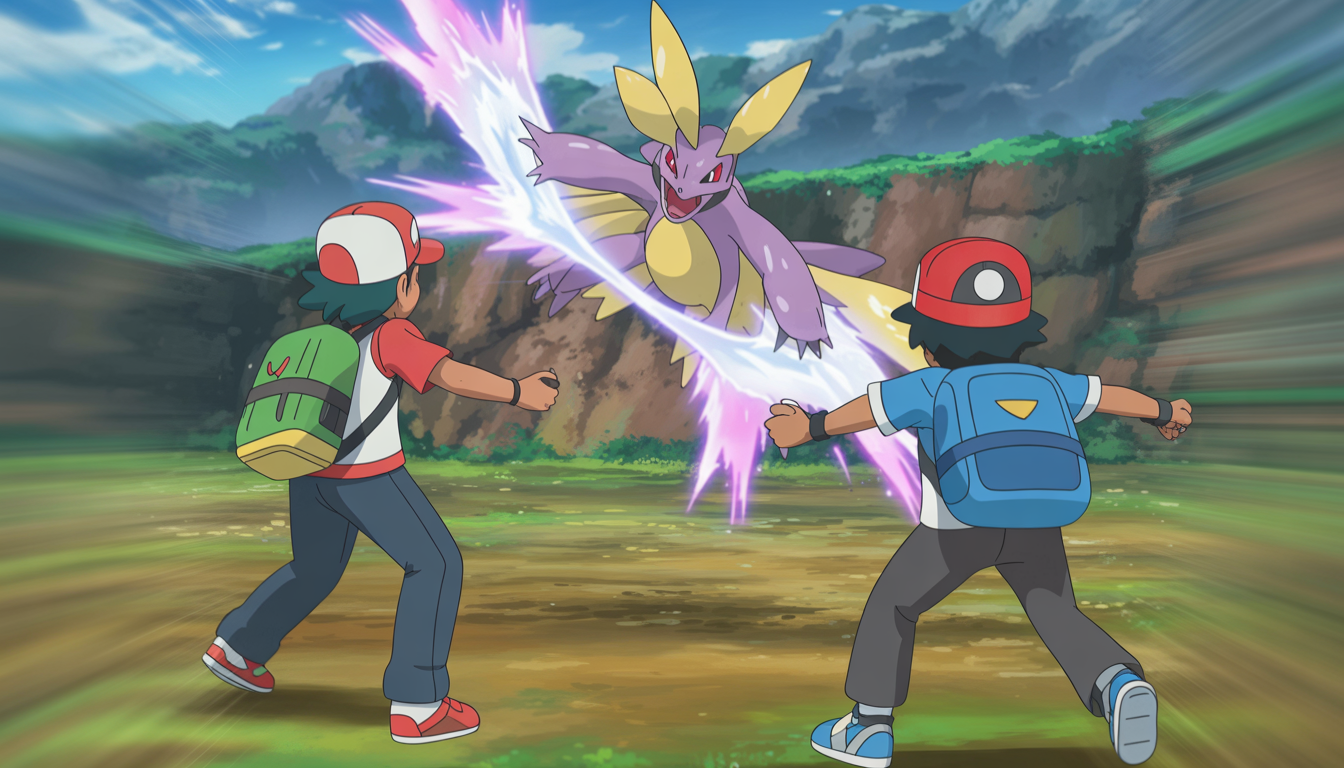 Deux dresseurs Pokémon en bataille dynamique avec un Pokémon légendaire lumineux lançant une attaque magique dans un paysage naturel stylisé