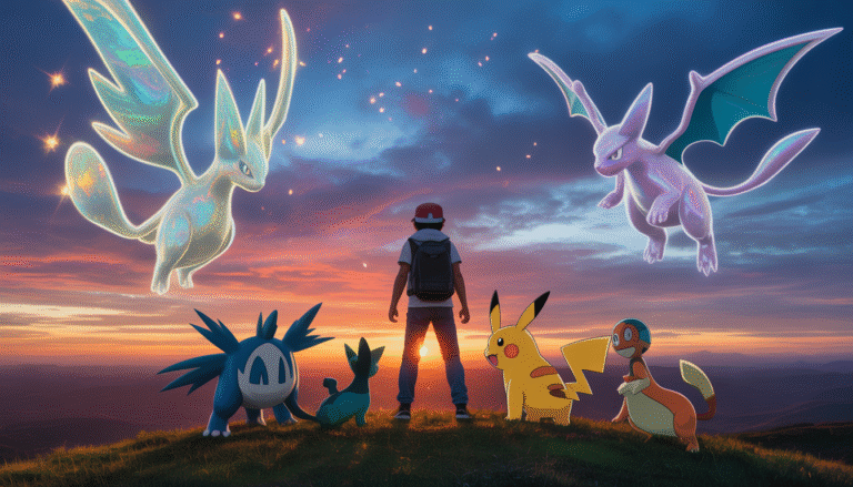 Dresseur Pokémon debout sur une colline au coucher du soleil entouré de Pokémon loyaux avec éclats magiques et silhouettes légendaires dans un ciel étoilé