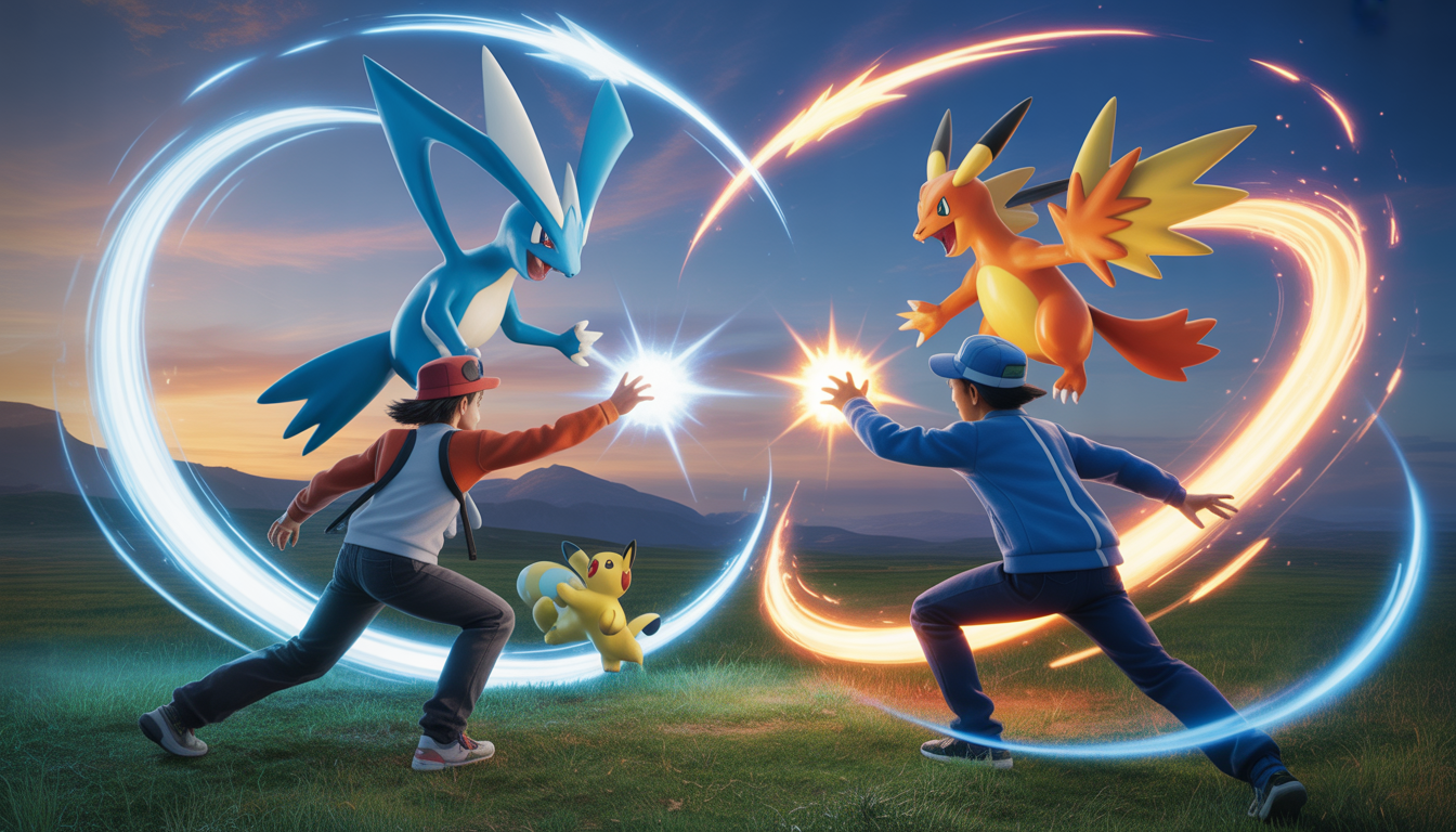 Deux dresseurs Pokémon en bataille dynamique avec Pokémon légendaires lumineux et effets magiques dans un paysage fantastique vibrant