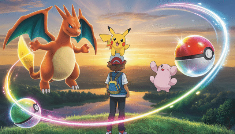 Jeune dresseur Pokémon sur une colline ensoleillée avec Pikachu sur l'épaule, Charizard dans le ciel et Chansey flottant, Poké Balls brillantes et forêt mystérieuse en arrière-plan