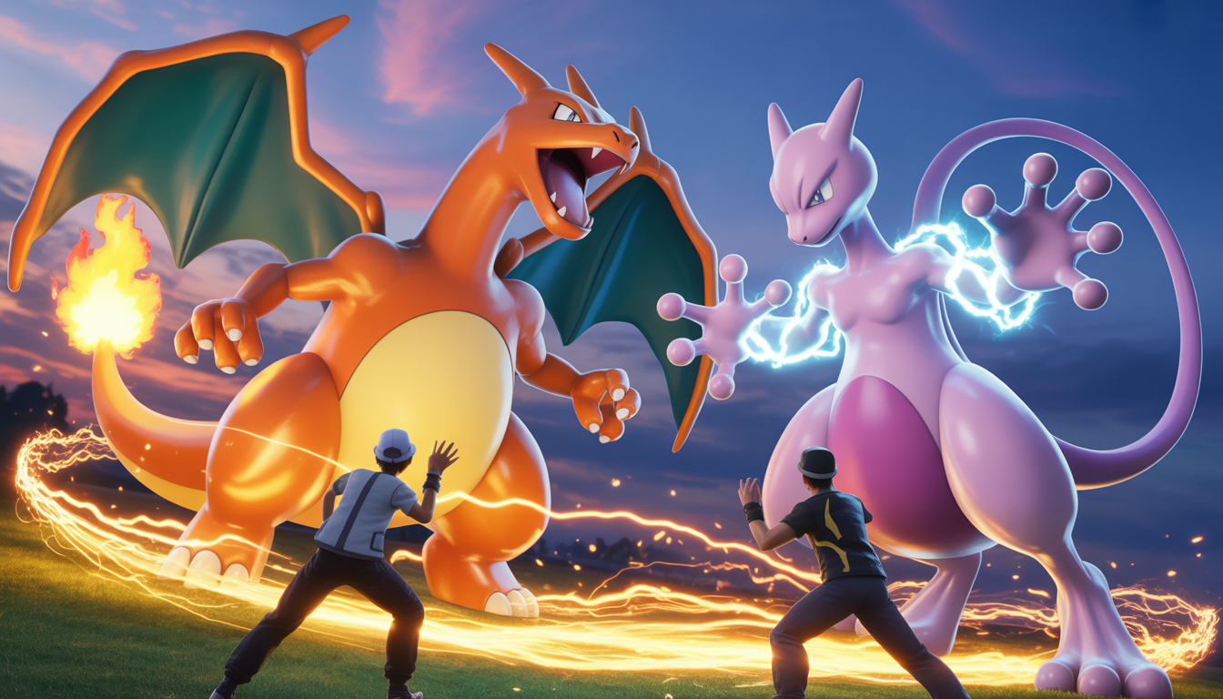 Scène de combat dynamique entre Charizard crachant des flammes et Mewtwo avec une aura psychique sous un ciel violet doré