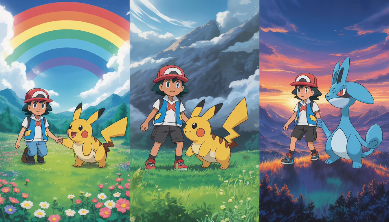 Three connected panels showing a Pokémon trainer and evolving partner: meeting in a colorful meadow, training in mountains with swirling clouds, and standing evolved at sunset