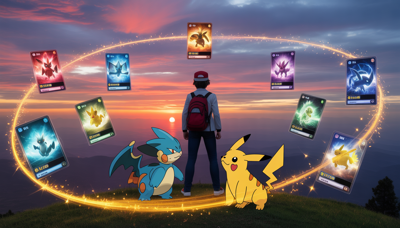 Dresseur Pokémon courageux sur une colline au coucher de soleil vif, entouré de Pokémon loyaux et cartes flottantes aux silhouettes légendaires