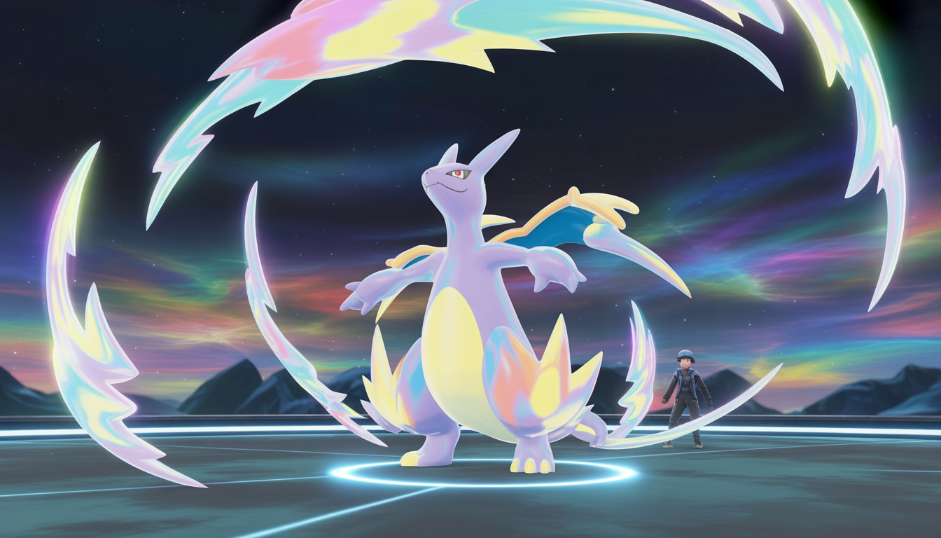 Pokémon légendaire rayonnant avec aura multicolore dans une arène flottante, entraîneur en silhouette, ciel étoilé vibrant en arrière-plan