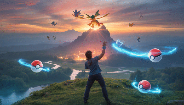Dresseur sur une montagne illuminée invoquant un Pokémon légendaire avec des Poké Balls flottantes libérant de l'énergie magique