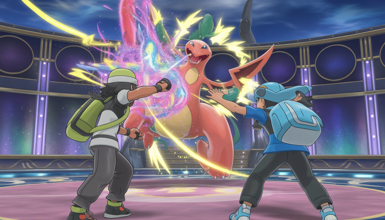 Deux dresseurs Pokémon affrontés dans une arène féerique avec un Pokémon légendaire lançant une attaque énergétique colorée