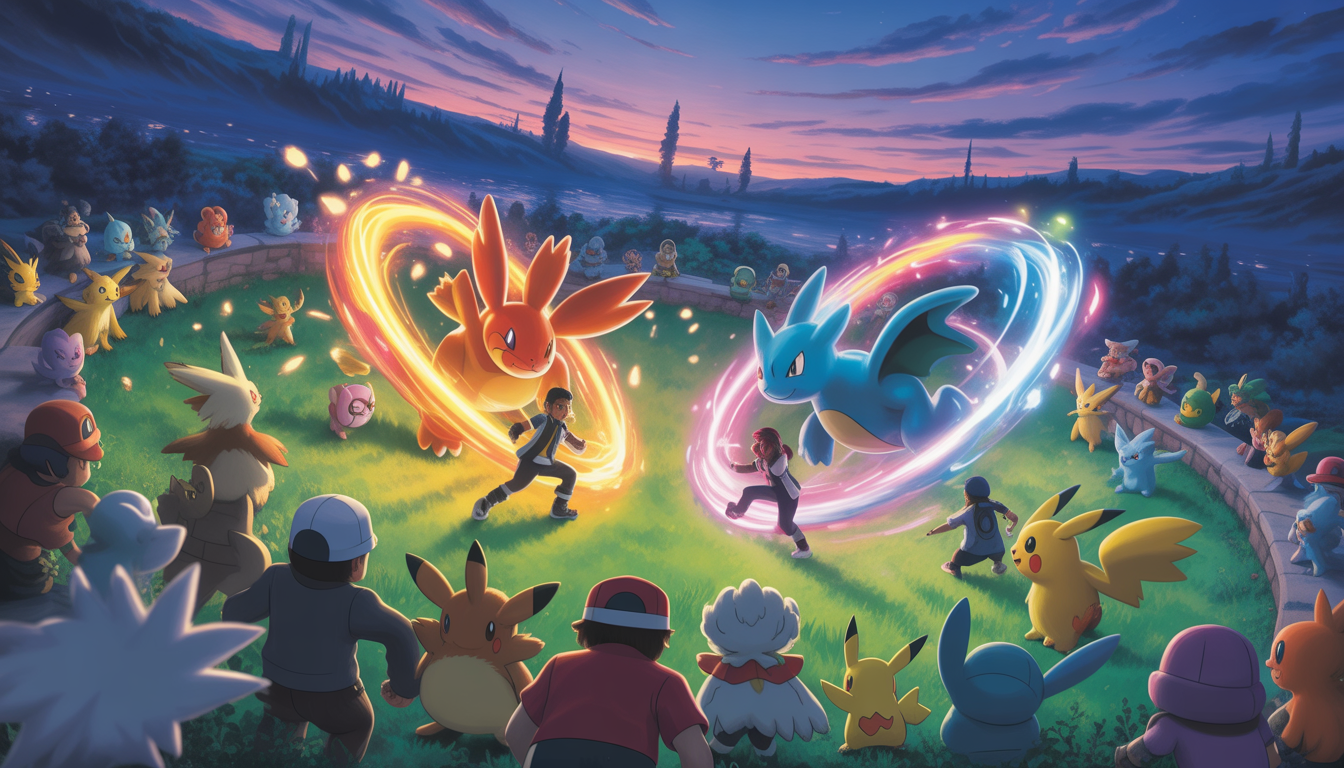 Deux dresseurs Pokémon combattant dans une arène lumineuse au crépuscule, entourés de spectateurs Pokémon colorés et d'éclats d'énergie