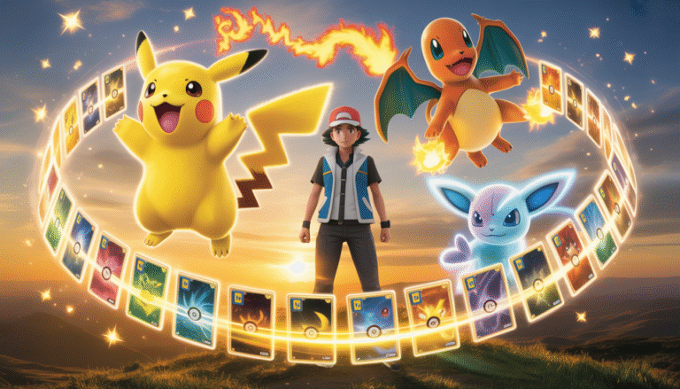 Pokémon trainer on a hill at golden sunset surrounded by Pikachu, Charmander, Eevee and floating Pokémon cards with magical glowing particles