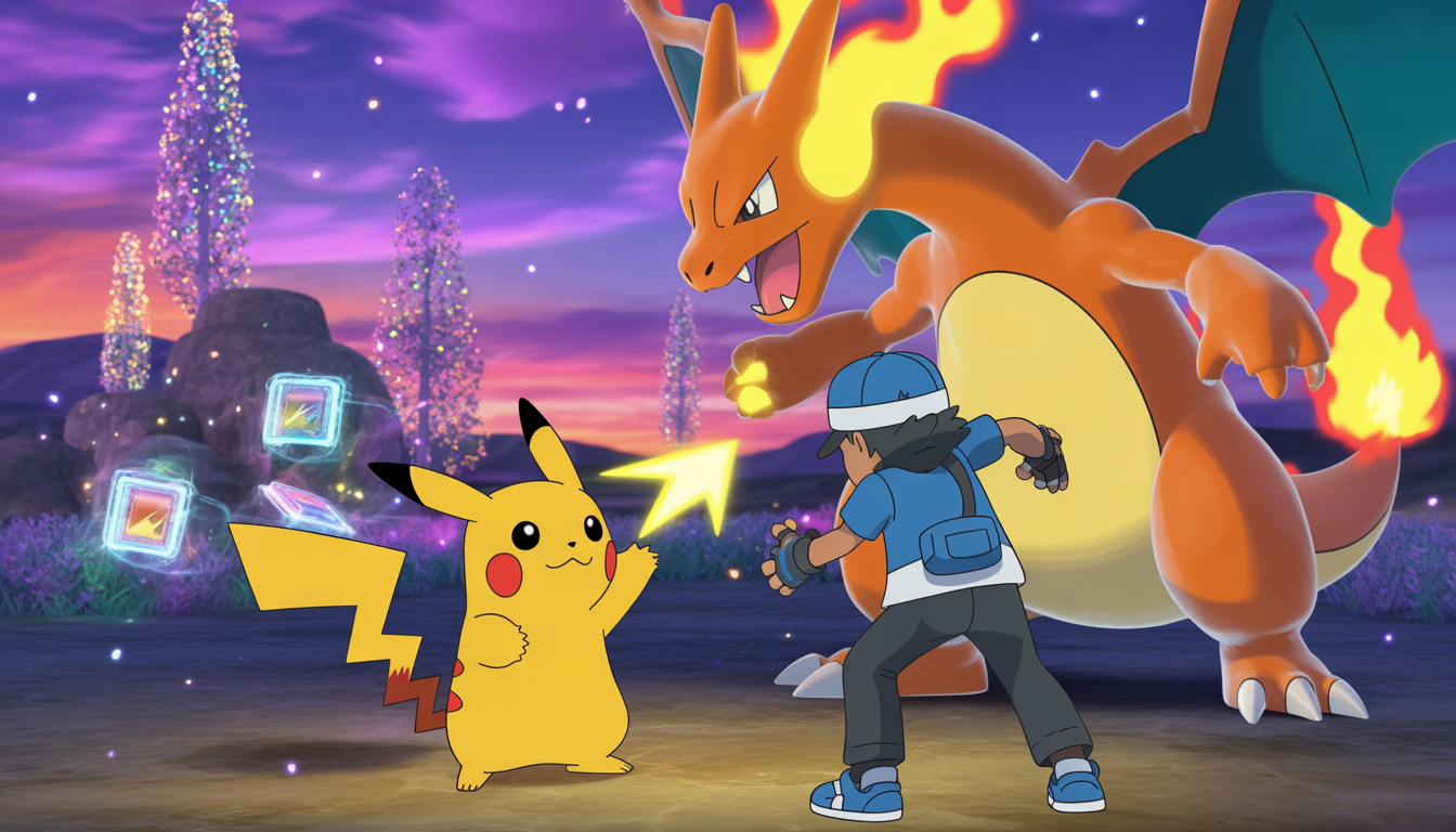 Deux dresseurs Pokémon avec Pikachu étincelant et Charizard crachant des flammes sous un ciel crépusculaire violet et orange