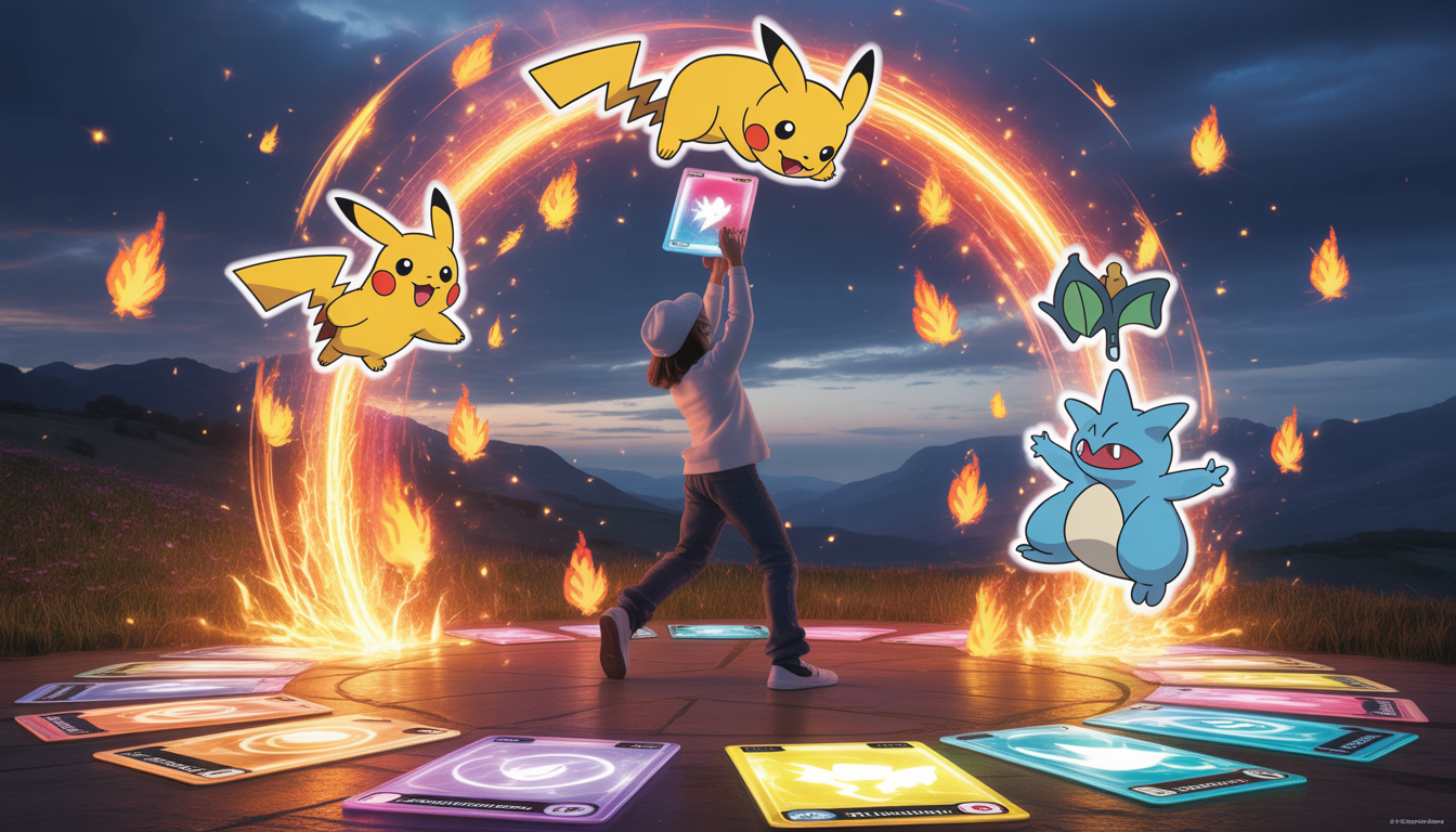 Dresseur lançant une carte entouré d'explosion de lumière arc-en-ciel, silhouettes énergétiques de Pikachu, Dracaufeu et Gardevoir dans un tourbillon d'énergie avec éclairs, flammes et pétales flottants