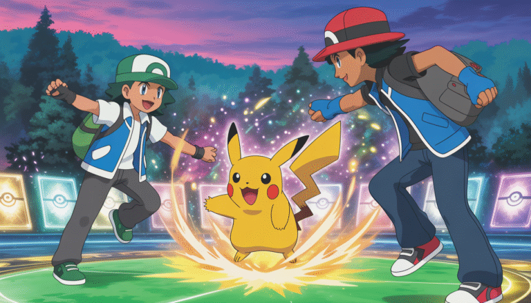 Deux dresseurs Pokémon en combat avec un Pikachu lumineux lançant une attaque électrique dans une arène colorée magique