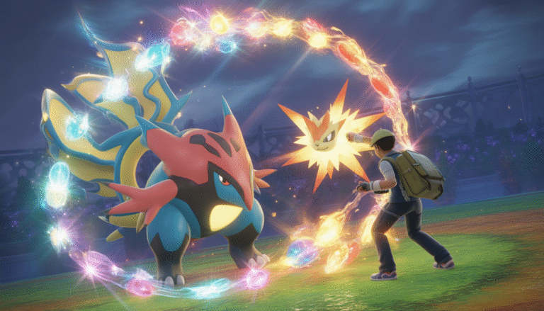 Dresseur Pokémon courageux affrontant un Pokémon légendaire avec des effets lumineux colorés et énergie mystique