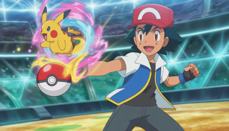 Anime-style Pokémon trainer releasing colorful energy from an open Pokéball with glowing Pokémon in a mystical arena
