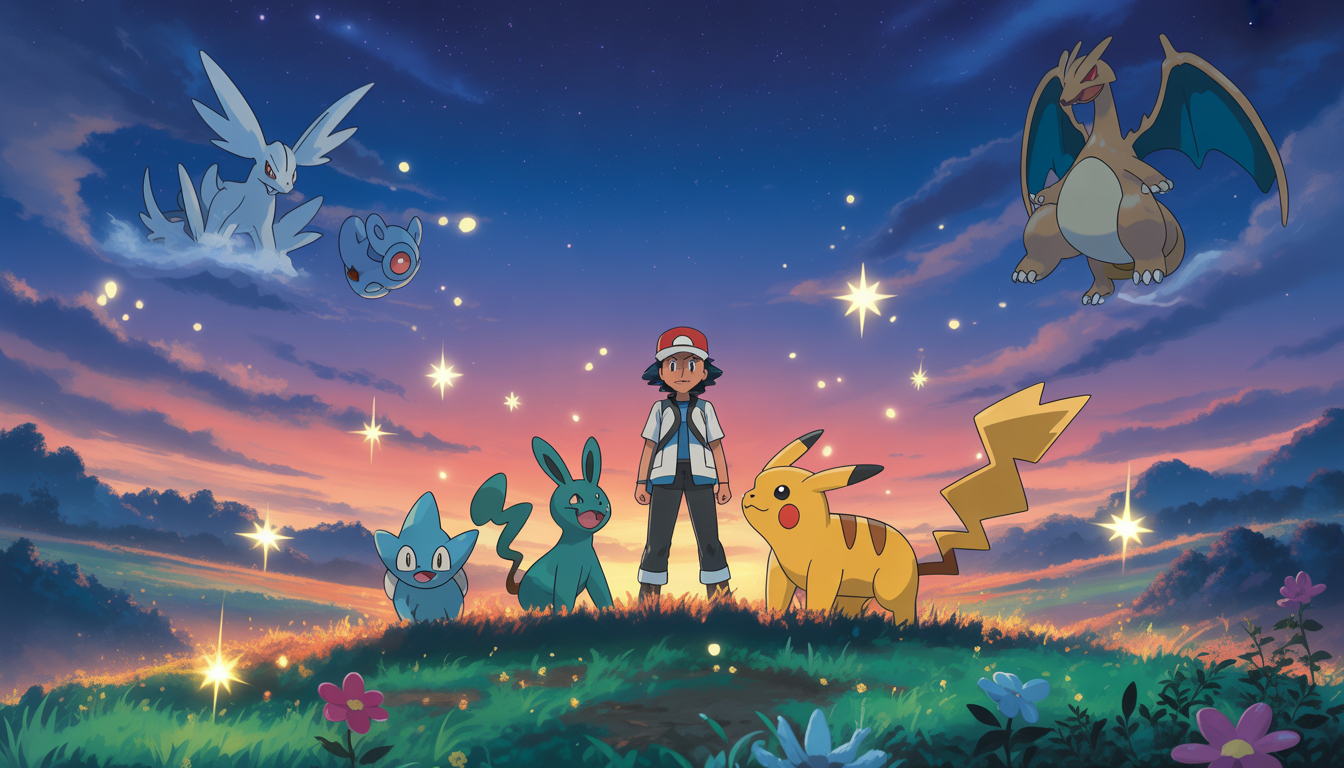 Pokémon trainer on a hill at golden dusk surrounded by loyal Pokémon and glowing energy