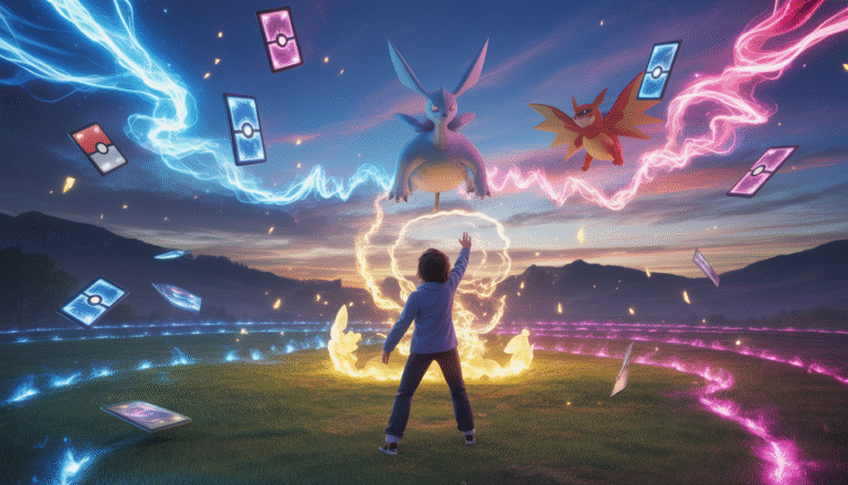 Pokémon trainer summoning a legendary Pokémon with floating sparkling Pokémon cards and colorful sky