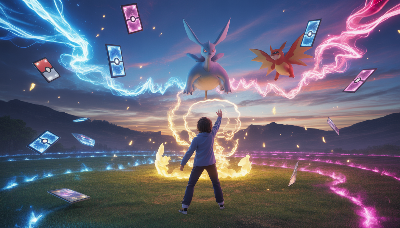 Pokémon trainer summoning a legendary Pokémon with floating sparkling Pokémon cards and colorful sky