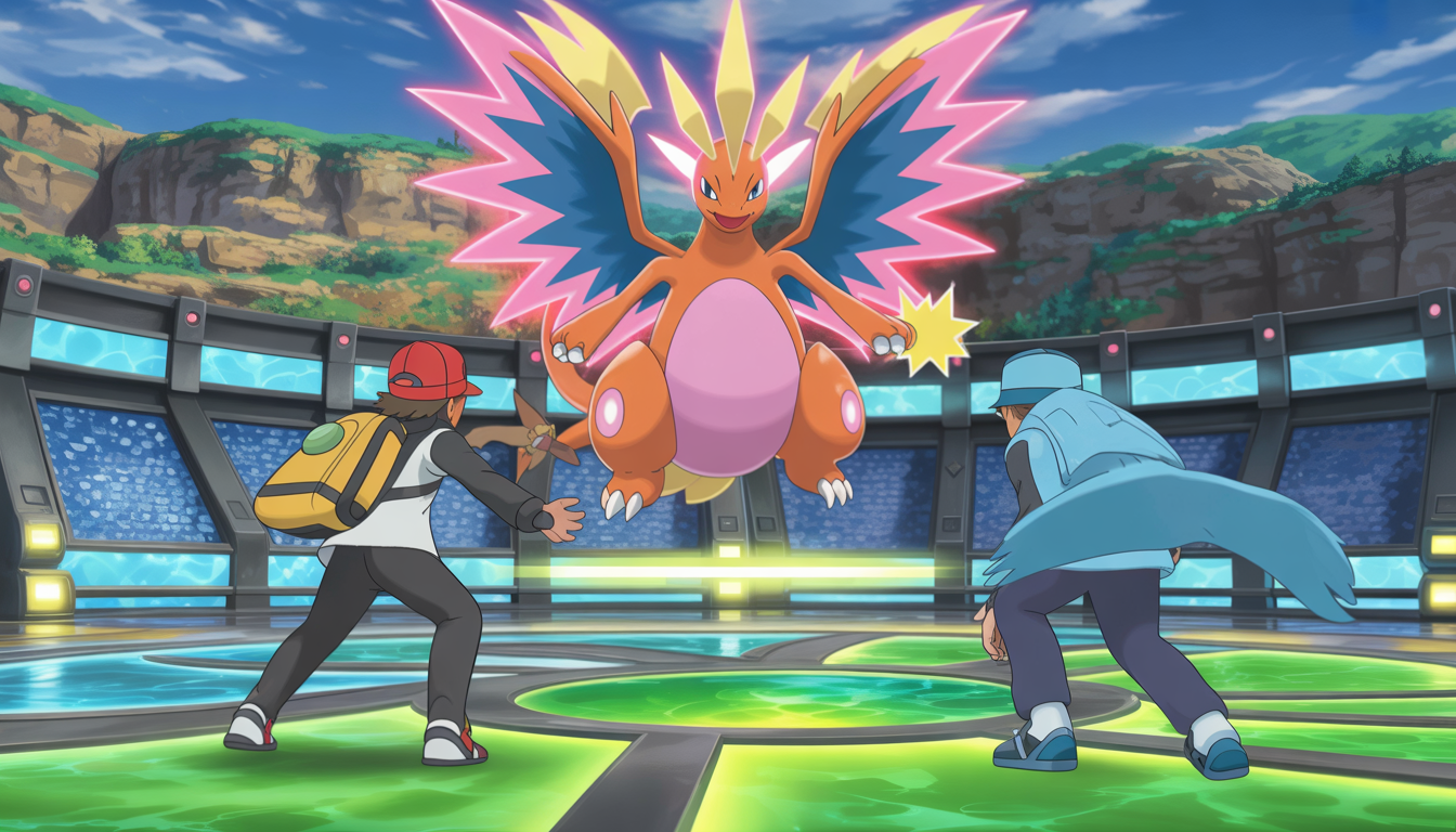 Pokémon légendaire brillant avec une aura magique flottant dans une arène de combat vibrante, entouré de deux dresseurs, sous un éclairage vibrant et un style détaillé