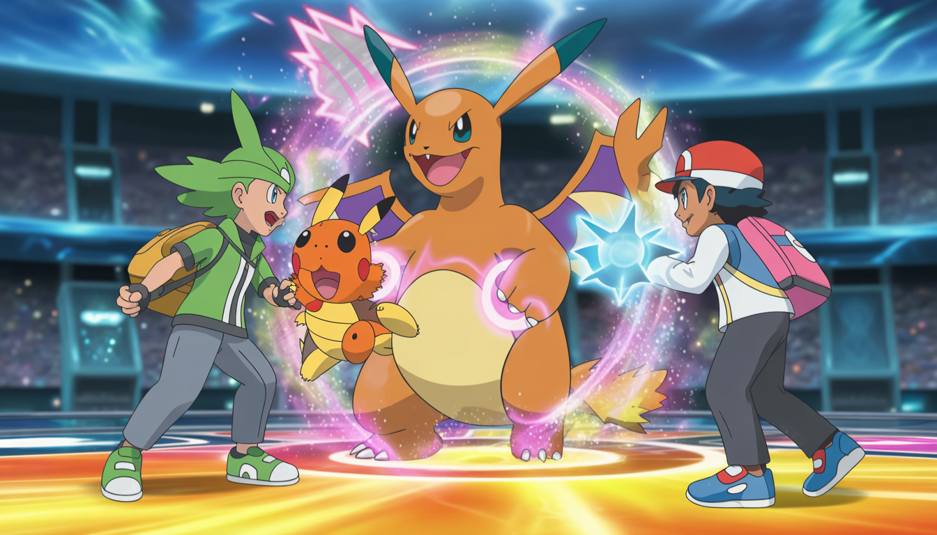 Deux dresseurs Pokémon combattant dans une arène vibrante avec un Pokémon légendaire brillant au centre entouré d'aura magique et attaques lumineuses