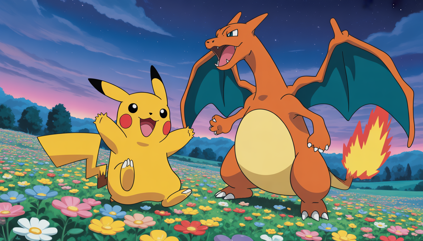 Pikachu and Charizard fighting fiercely in a vibrant field of multicolored flowers under a starry twilight sky with glowing attacks