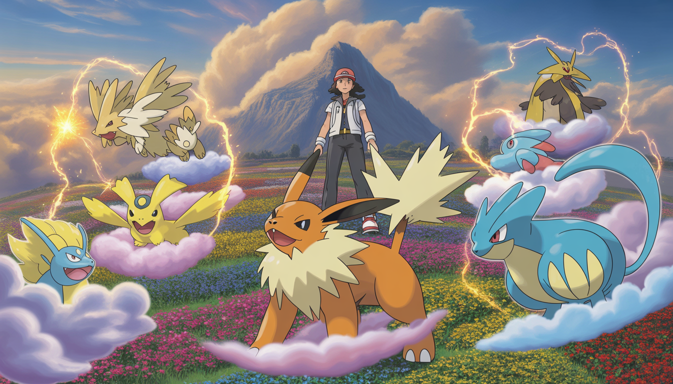 A legendary Pokémon trainer atop a mountain surrounded by golden clouds, colorful evolving Pokémon, and vibrant rainbow flower fields with magical effects