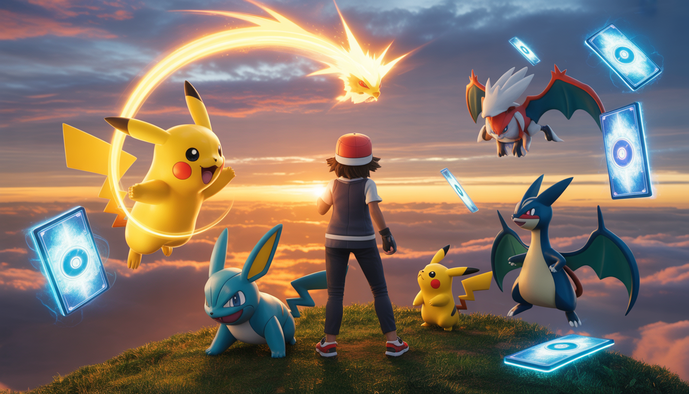 Trainer with Pokémon at sunset, Pikachu attacking, fantasy sky