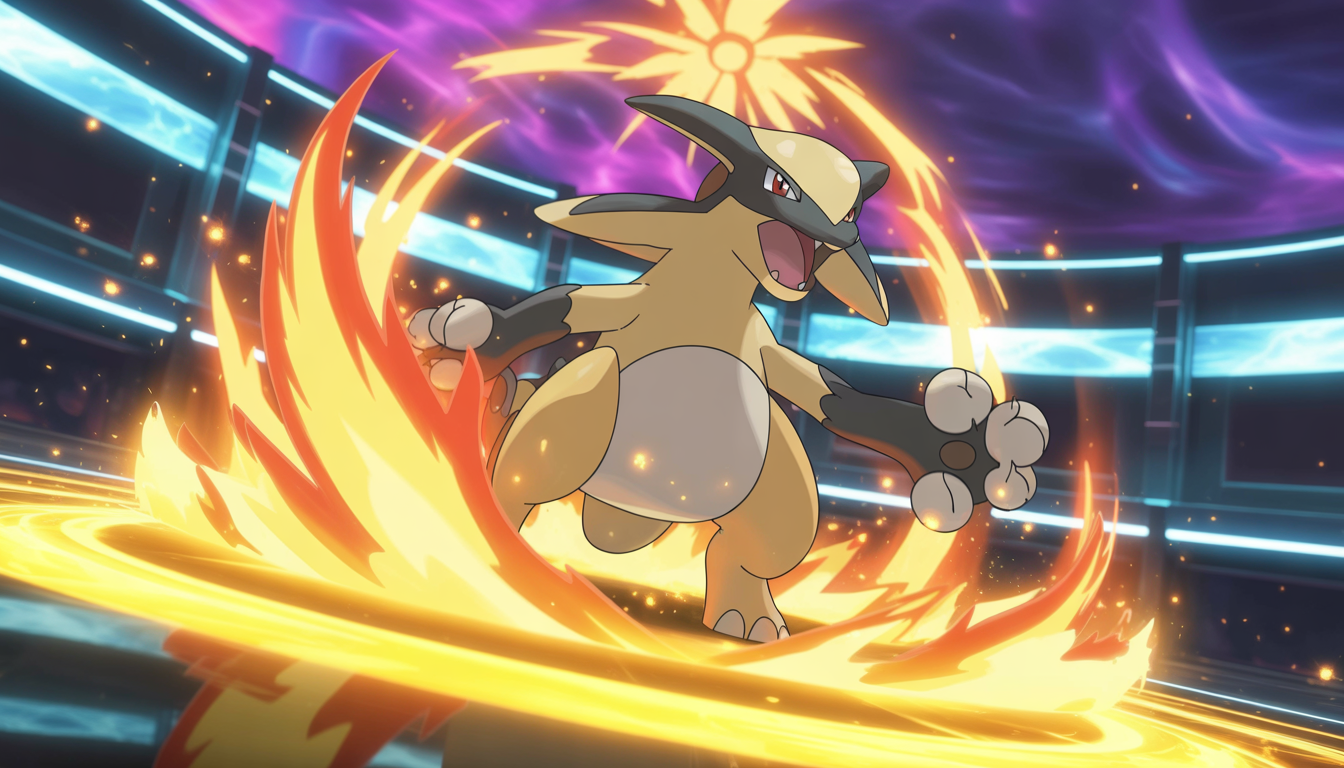 Legendary Pokémon using elemental attack in glowing arena