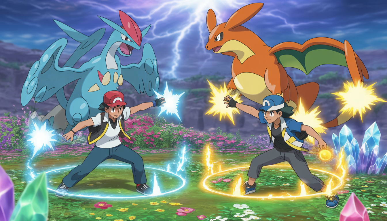Deux dresseurs Pokémon en plein combat dynamique avec des Pokémon légendaires lumineux et effets magiques