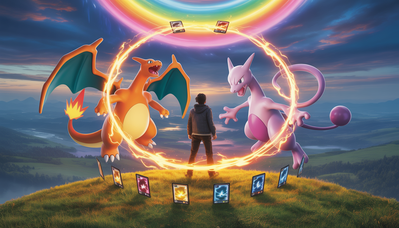 Trainer on golden hill surrounded by legendary Pokémon with power sparks and floating cards under a vibrant rainbow sky showing Charizard vs Mewtwo battle