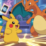 Scène de combat entre Pikachu et Dracaufeu dans une arène fantastique