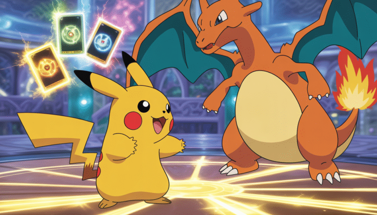 Scène de combat entre Pikachu et Dracaufeu dans une arène fantastique