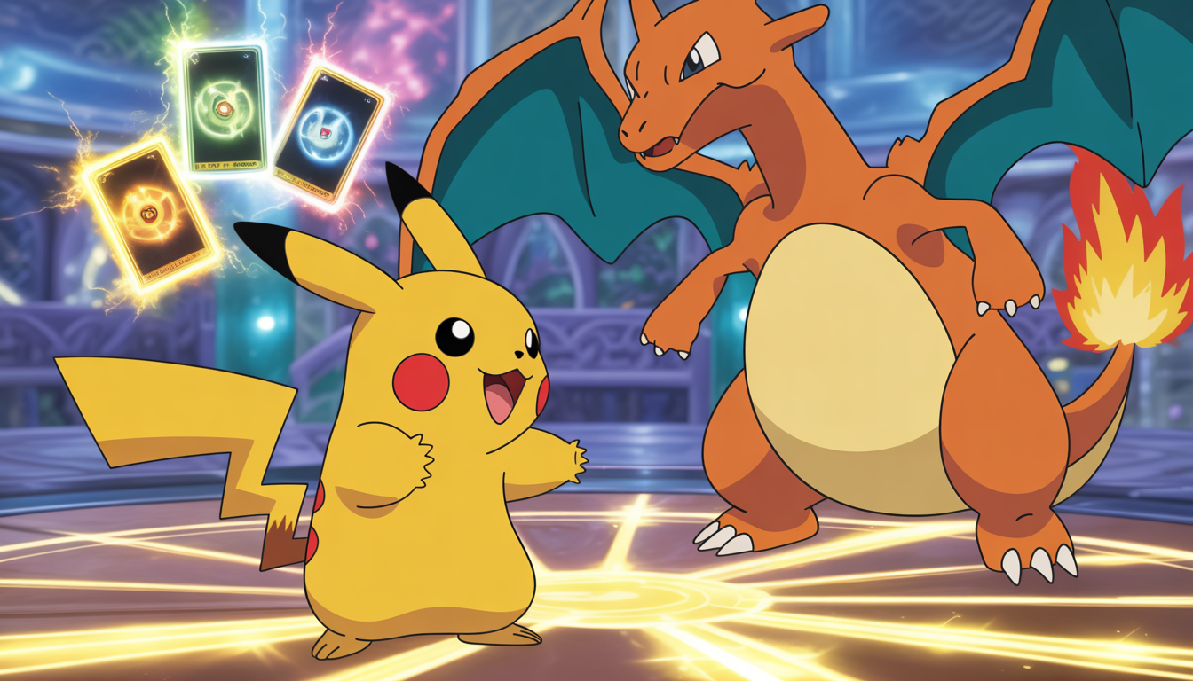 Scène de combat entre Pikachu et Dracaufeu dans une arène fantastique