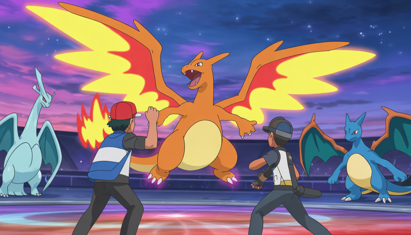 Deux dresseurs Pokémon combattant dans une arène vibrante avec un Charizard flamboyant aux ailes en feu, sous un ciel crépusculaire coloré, Articuno et Moltres légendaires en arrière-plan