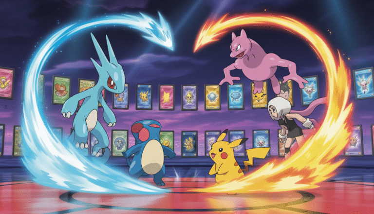 Deux dresseurs Pokémon dans une arène dorée avec Dracaufeu, Mewtwo et Pikachu émergeant de nuages arc-en-ciel et attaques énergétiques vibrantes