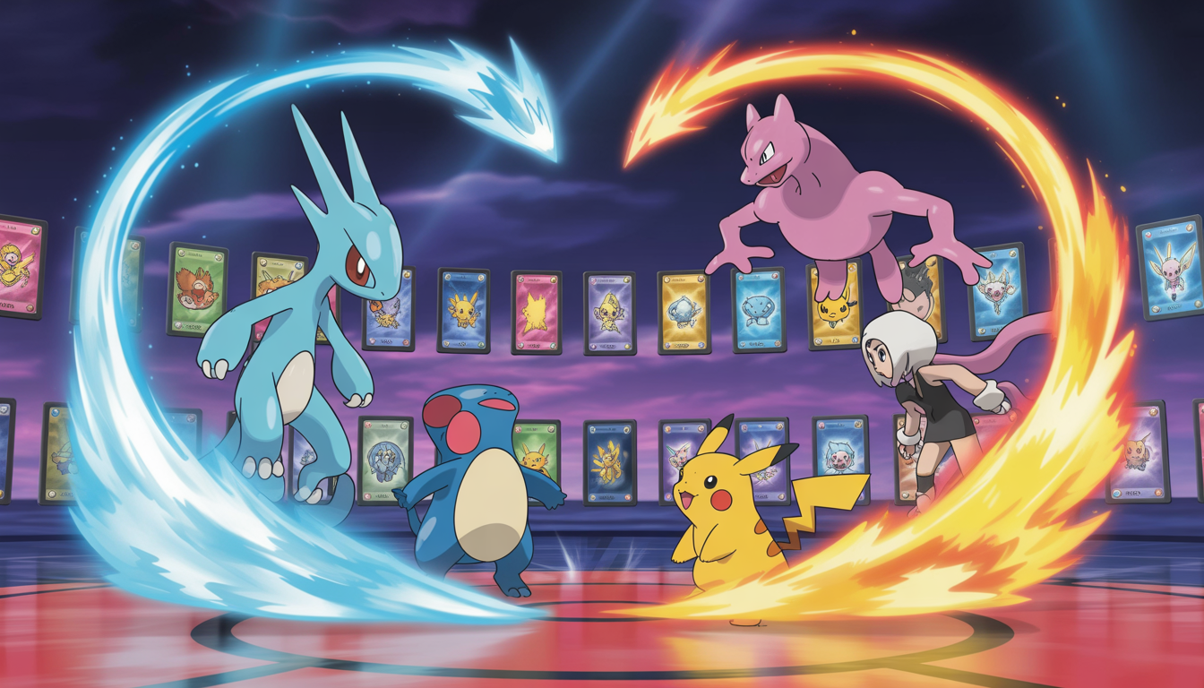 Deux dresseurs Pokémon dans une arène dorée avec Dracaufeu, Mewtwo et Pikachu émergeant de nuages arc-en-ciel et attaques énergétiques vibrantes