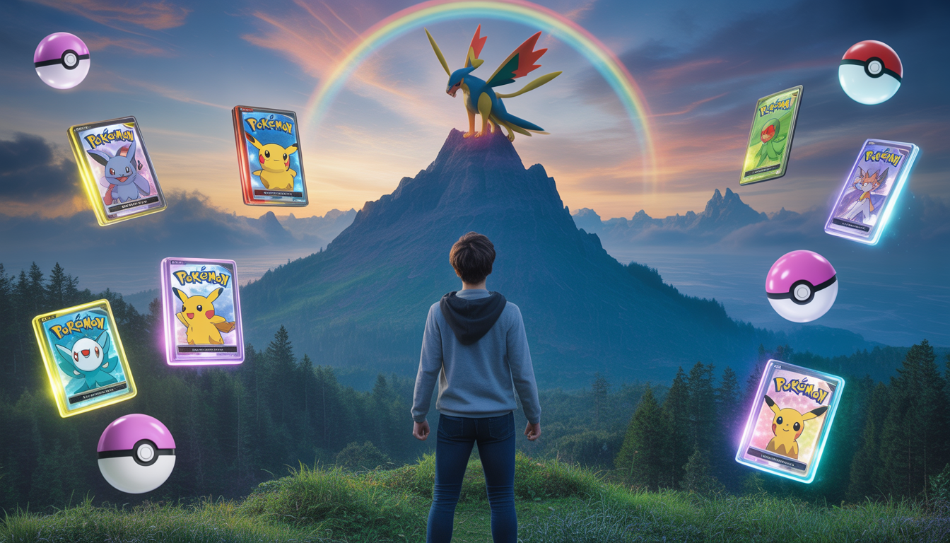 Dresseur devant un Pokémon légendaire sur une montagne enchantée